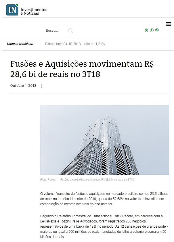 Fuses e Aquisies movimentam R$ 28,6 bi de reais no 3T18